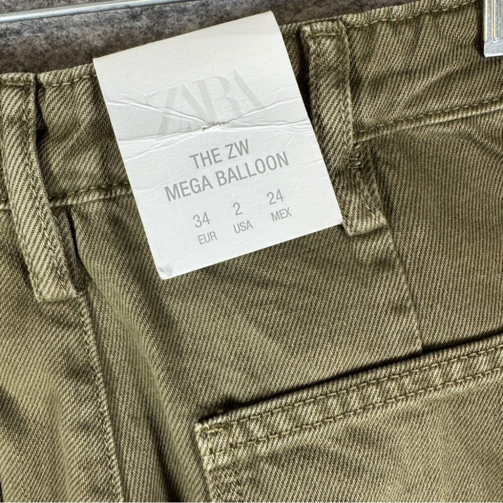 Zara Olive Green Mega Balloon Jeans Size 2 High Rise Barrel Leg Trendy Pants - Picture 11 of 15